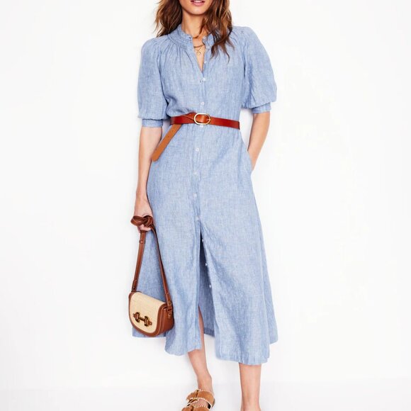 Boden Dresses & Skirts - Boden Light Blue Linen Button-Front Midi Dress